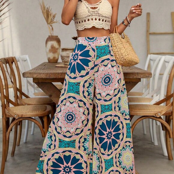Multicolor Boho Women's Floral Print High Waist Wide Leg Casual Pants - Picture 5 of 6
